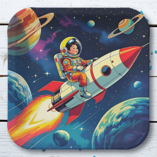 A Comic Book style Boy on a Rocket in Space Paper Plate