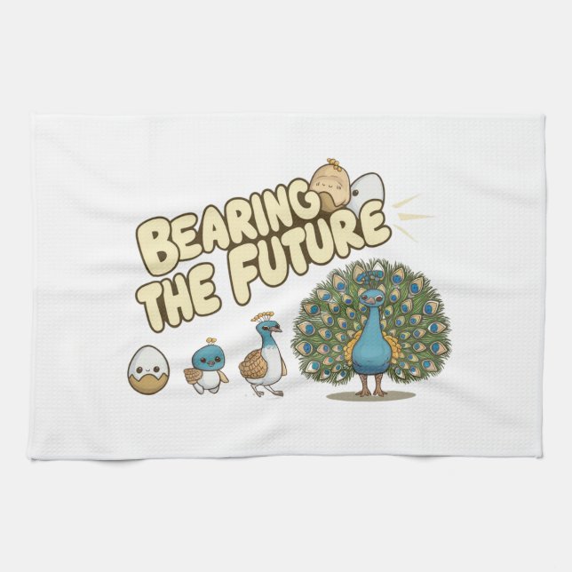 A comical peacock evolution sequence tea towel (Horizontal)