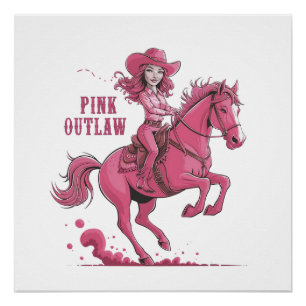 A confident cowgirl riding a spirited horse poster