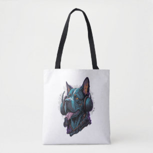 A cool dog listening to music tote bag