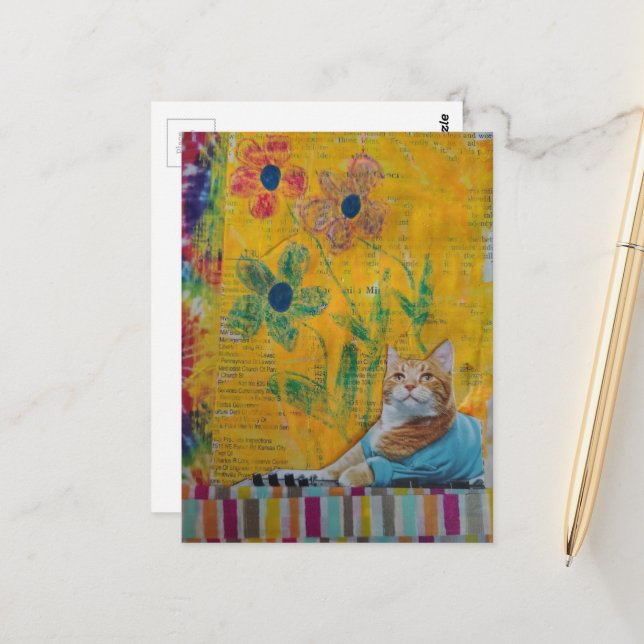 A Cool Ginger Kitty Yellow Floral Mixed Media Postcard (Front/Back In Situ)