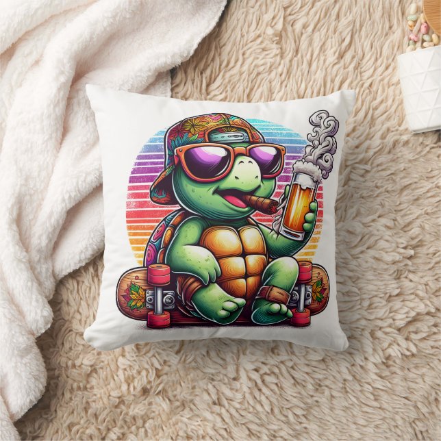 A cool turtle enjoying a drink on a skateboard cushion (Blanket)