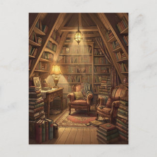 A cosy, Book-Filled Attic Room Bathed in Warm Glow Postcard