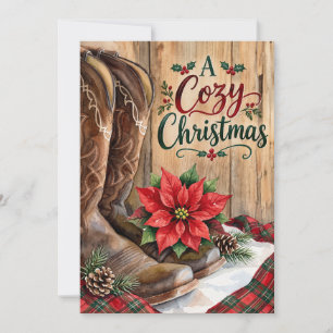 A Cosy Country Christmas Western Boots Poinsettia Holiday Card