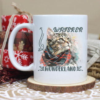 A cosy feline in a colourful scarf, dreaming big coffee mug