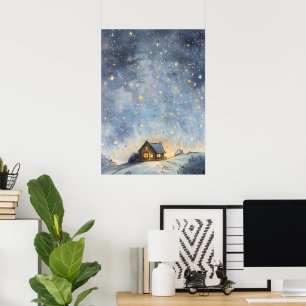 A Cosy Glowing House Nestled Under a Starry Sky Poster