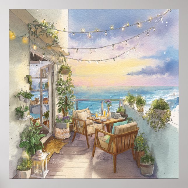 A Cosy Seaside Balcony Poster (Front)