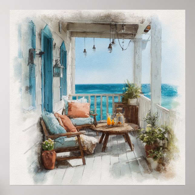A Cosy Seaside Balcony Poster (Front)