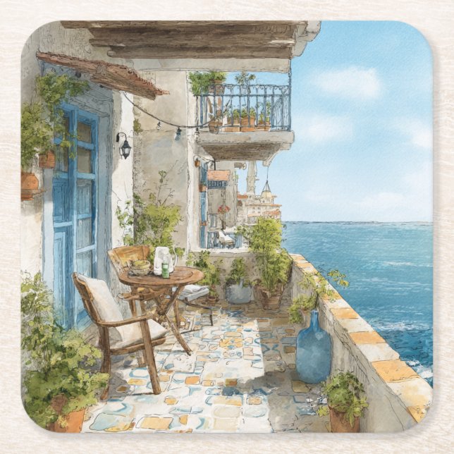 A Cosy Seaside Balcony Square Paper Coaster (Front)