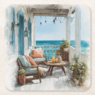 A Cosy Seaside Balcony Square Paper Coaster