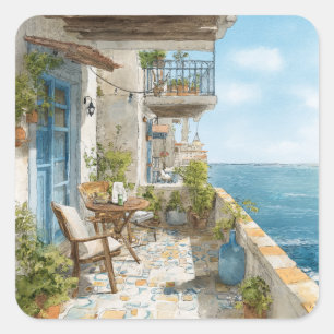 A Cosy Seaside Balcony Square Sticker