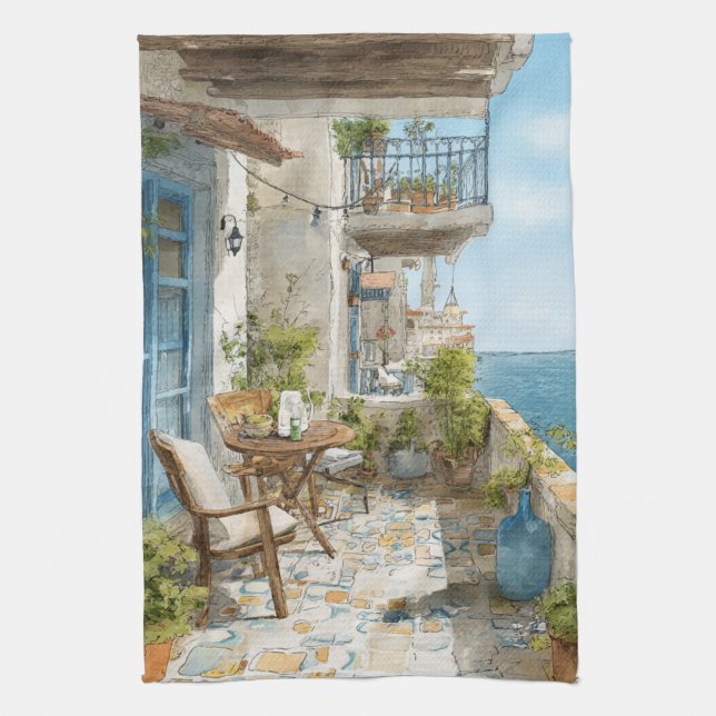 A Cosy Seaside Balcony Tea Towel (Vertical)