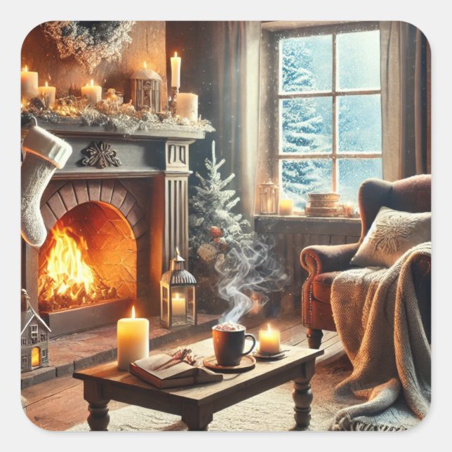 A cosy winter scene by the warm fireplace square sticker (Front)