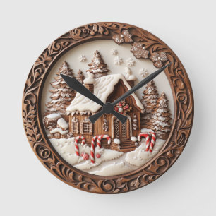 A cosy wooden cottage in winter.  round clock