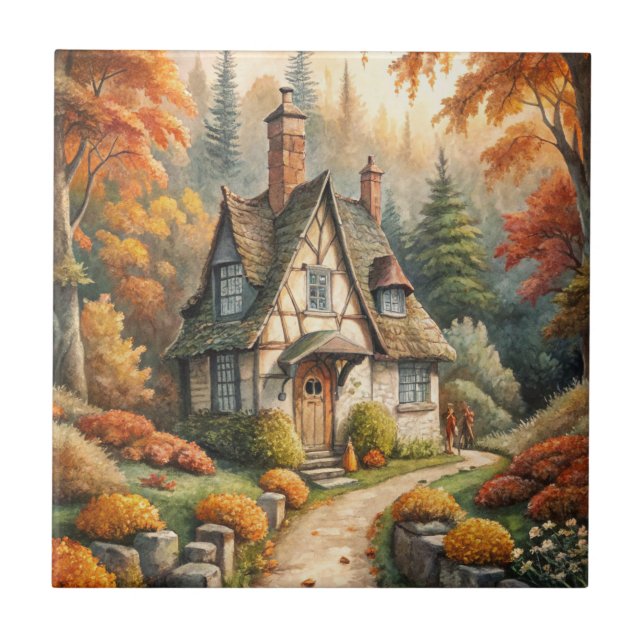 A Cottage in Autumn Fall Ceramic Tile (Front)
