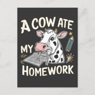 A Cow Ate my Homework Funny Back to school Cow Announcement Postcard