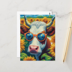 A Cow in Sunglasses in a Sunflower Field Postcard