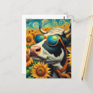 A Cow in Sunglasses in a Sunflower Field Postcard