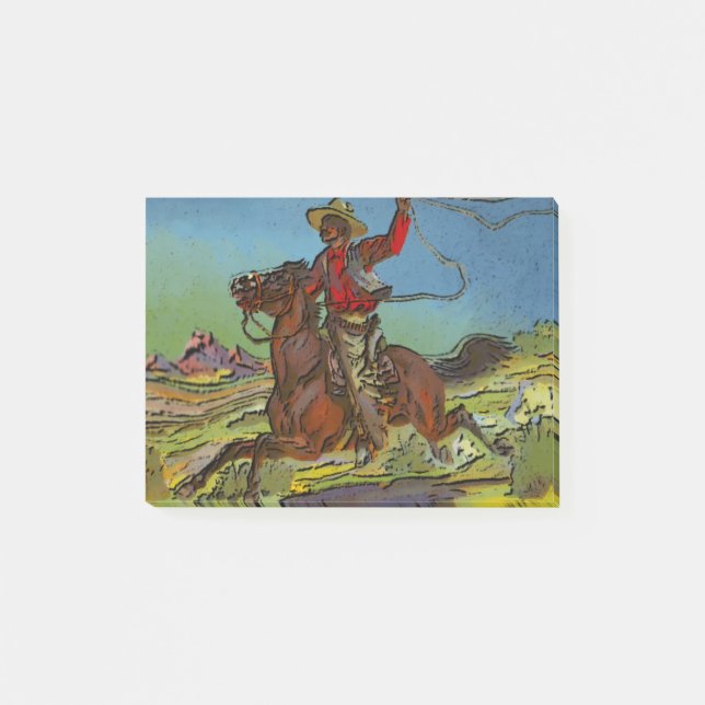 A cowboy swings a lasso from horseback post-it notes (Front)