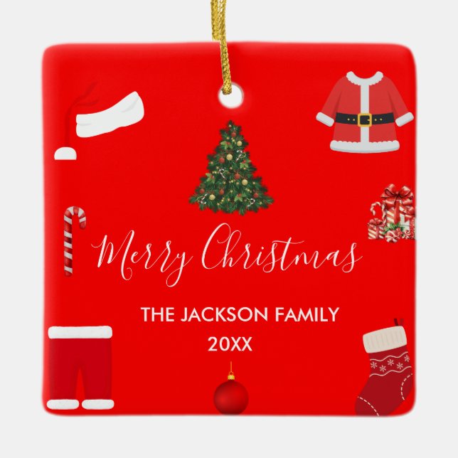 A Cozy Christmas Gathering Set on Warm Red Ceramic Ornament (Front)