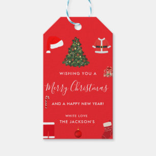 A Cozy Christmas Gathering Set on Warm Red Gift Tags