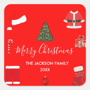 A Cozy Christmas Gathering Set on Warm Red Square Sticker