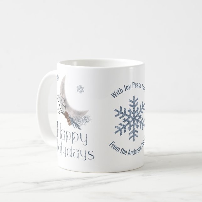 A Crescent Moon, Pine Cones. Happy Holidays Coffee Mug (Front Left)