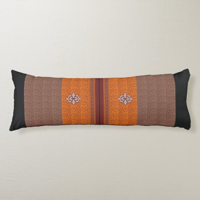 a cross stitch pattern in orange and brown body cushion (Front)