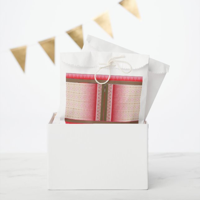 a cross stitch pattern with a red background favour bag (Party)