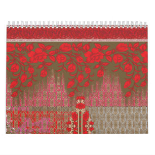 a cross stitch pattern with red flowers and vines calendar