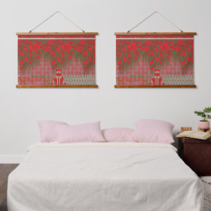 a cross stitch pattern with red flowers and vines hanging tapestry