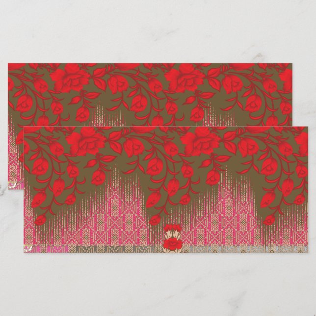 a cross stitch pattern with red flowers and vines menu (Front/Back)