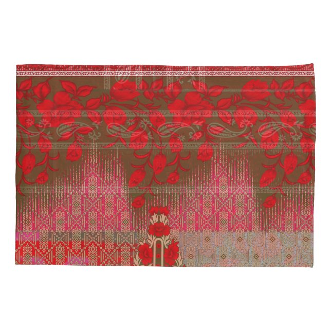 a cross stitch pattern with red flowers and vines pillowcase (Back)