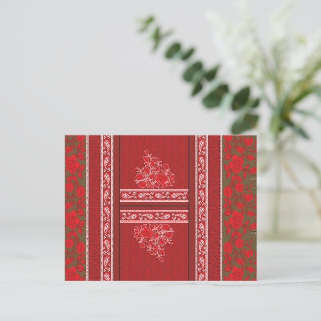 a cross stitch pattern with red flowers and vines postcard (Standing Front)