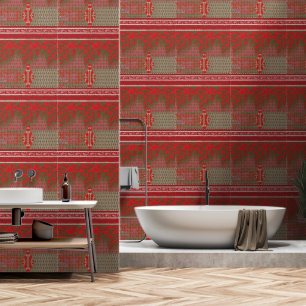 a cross stitch pattern with red flowers and vines wallpaper
