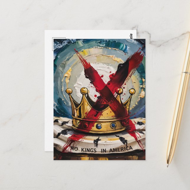 A crossed out crown and No Kings in America Postcard (Front/Back In Situ)