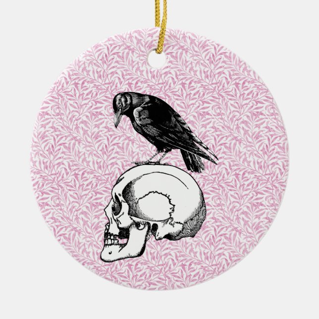 A Crow or Raven and Skull Halloween Pink and Black Ceramic Ornament (Front)