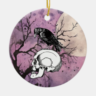 A Crow or Raven and Skull Halloween Purple Moon Ceramic Ornament