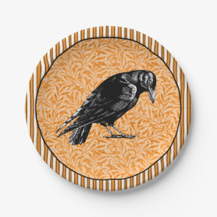 A Crow or Raven Halloween Orange and Black Paper Plate
