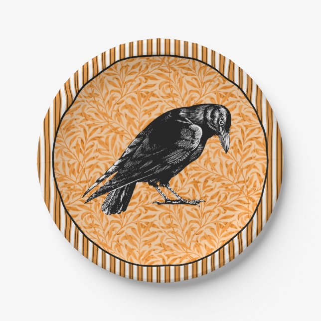 A Crow or Raven Halloween Orange and Black Paper Plate (Front)