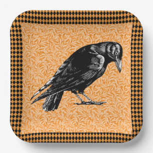 A Crow or Raven Halloween Orange and Black Paper Plate