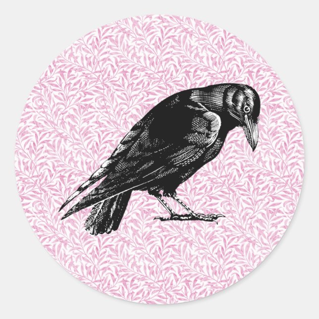 A Crow or Raven Halloween Pink and Black Classic Round Sticker (Front)