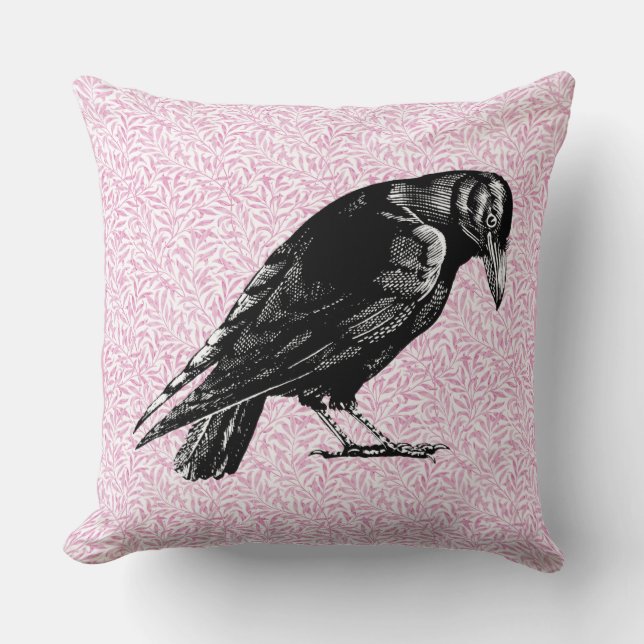 A Crow or Raven Halloween Pink and Black Cushion (Front)