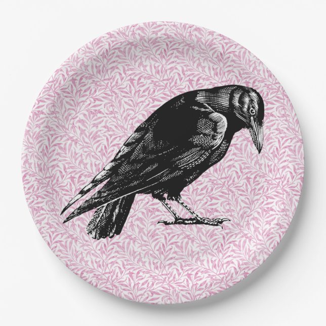 A Crow or Raven Halloween Pink and Black Paper Plate (Front)