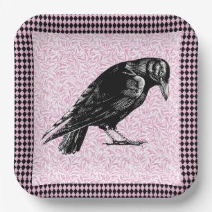A Crow or Raven Halloween Pink and Black Paper Plate
