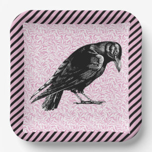 A Crow or Raven Halloween Pink and Black Paper Plate