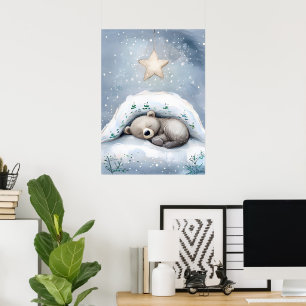 A Cuddly Bear Sleeping Under a Snowy Blanket Poster