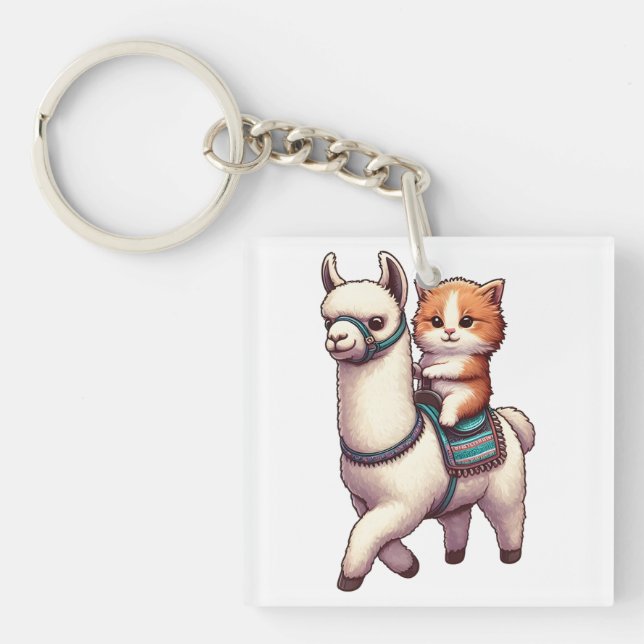 A Cuddly Kitten Riding Fluffy Llama, Cat and Llama Key Ring (Front)