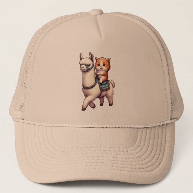 A Cuddly Kitten Riding Fluffy Llama, Cat and Llama Trucker Hat (Front)