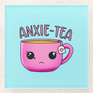 A cup of ANXIE-TEA Kawaii funny tea pun Glass Coaster